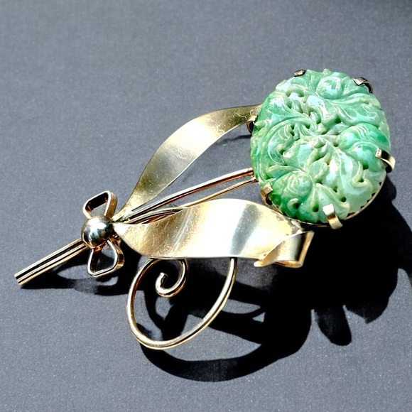 🌺RARE Vintage Sterling/Gold Jadeite Flower Brooch - Picture 9 of 16